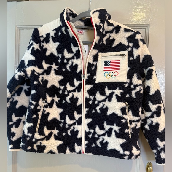ANTHROPOLOGIE TEAM USA Star Print Plush Fleece Jacket Size XS Petite NWT - Picture 2 of 10